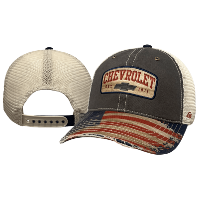 Charcoal Washed Mesh Hat with Distressed Flag Bill and Heritage Chevrolet Patch