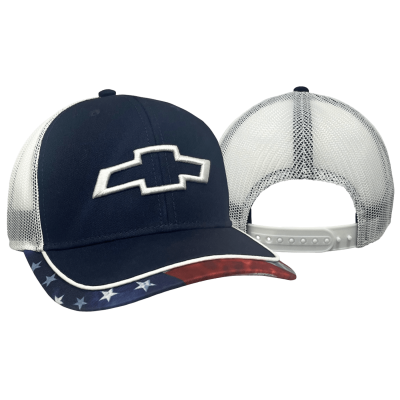 Navy Trucker Mesh Hat with American Flag Brim and Open Bowtie