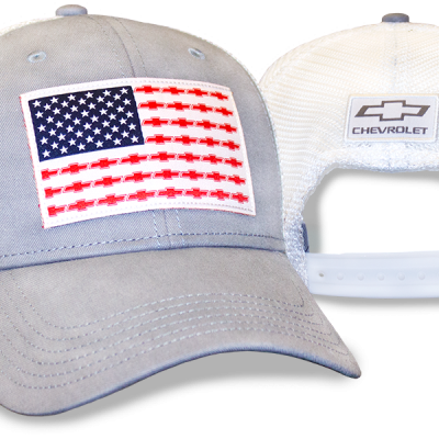 Grey Cap with White Mesh & American Flag Red Chevy Bowtie Label