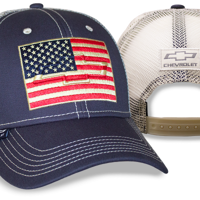 Navy Cap with Stone Mesh American Flag Open Bowtie Chevrolet Outline